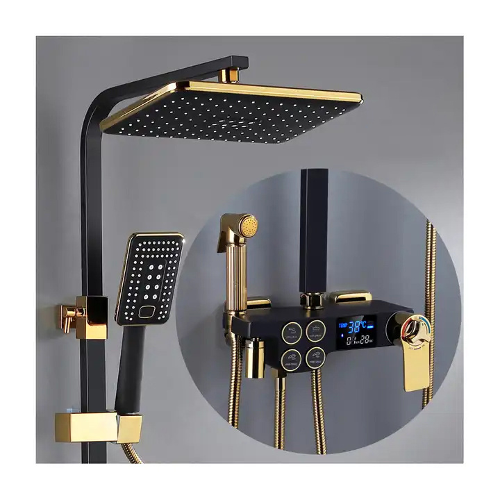 Black Gold Bathtub Mixer Faucet Hot and Cold Bathroom Tap Digital Display Thermostatic Shower Set Square Shower System Senducs