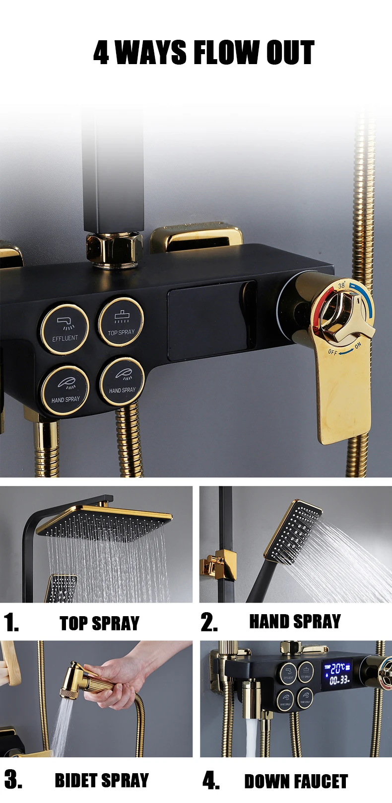 Black Gold Bathtub Mixer Faucet Hot and Cold Bathroom Tap Digital Display Thermostatic Shower Set Square Shower System Senducs