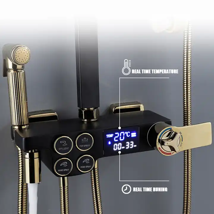 Black Gold Bathtub Mixer Faucet Hot and Cold Bathroom Tap Digital Display Thermostatic Shower Set Square Shower System Senducs