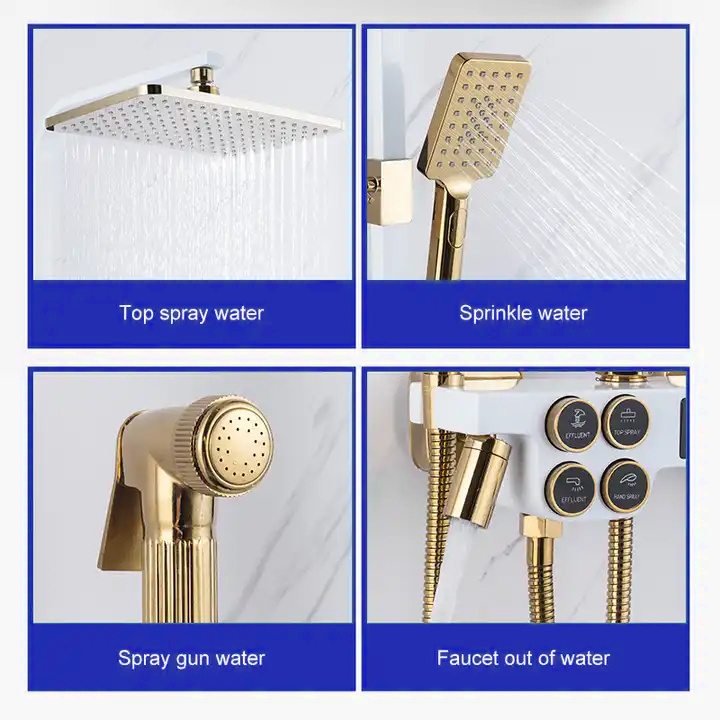 Hot Sale White Gold Wall Mounted Multi Function Digital Display Button Bathroom Shower Set Hot Cold Brass Faucet With Spray Gun