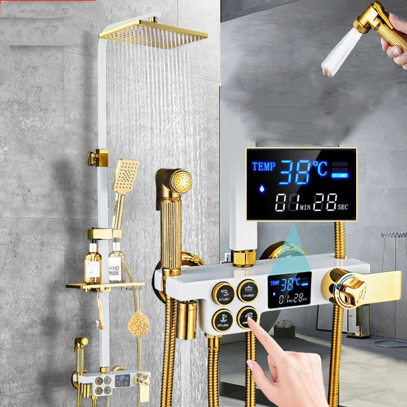 Hot Sale White Gold Wall Mounted Multi Function Digital Display Button Bathroom Shower Set Hot Cold Brass Faucet With Spray Gun