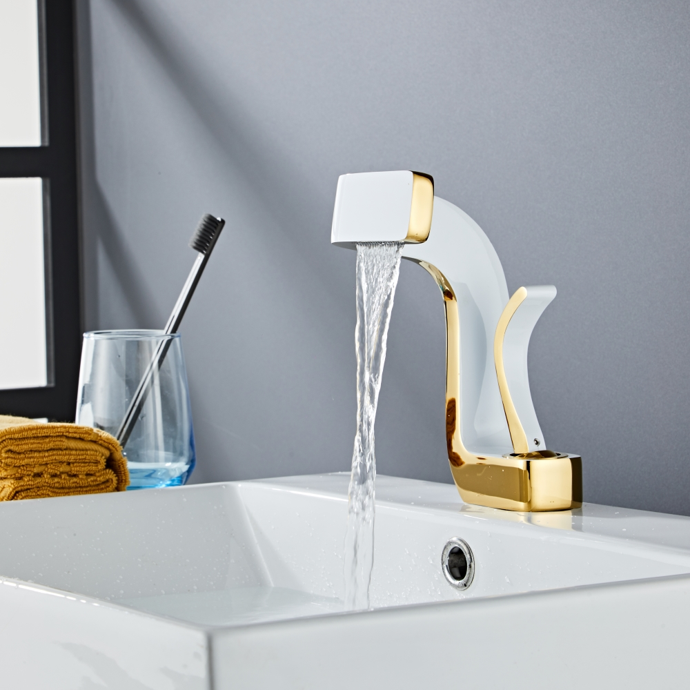 New Design Art Basin Faucet Luxury Bathroom Sink Waterfall Mixer Tap Hotel Single Handle Brass White Golden Black Gold Hot Cold