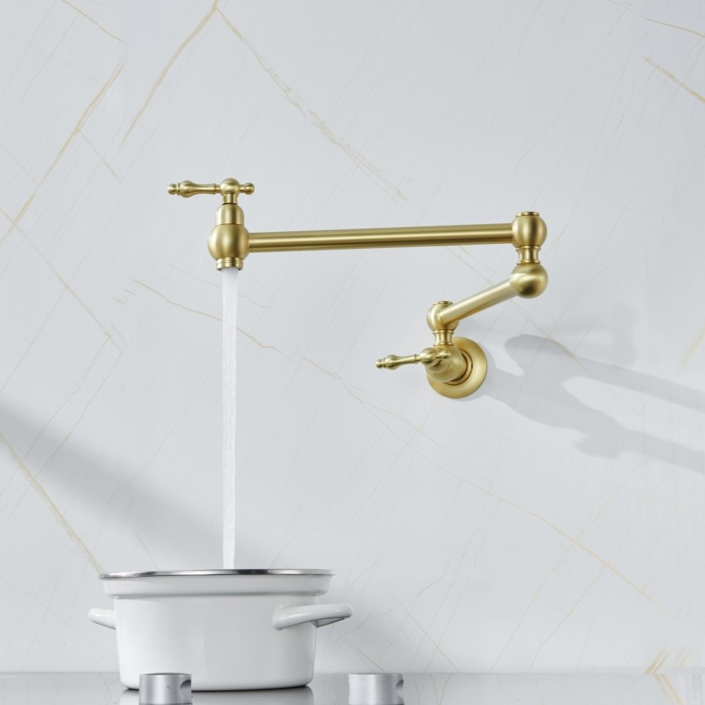 Luxury Brushed Gold Unlacquered Brass Kitchen Faucet Classical Copper Folding Rotatable Pot Filler Wall Mount Hot Cold Mixer Tap