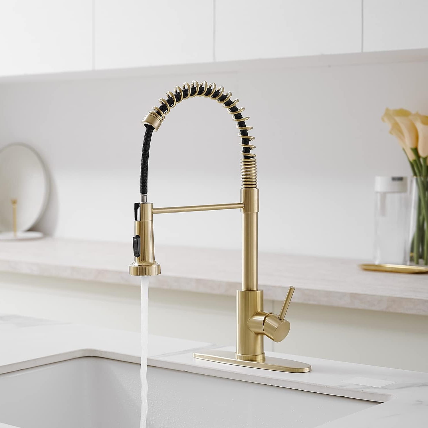 Luxury High Arc Pre-Rinse Kitchen Faucet Deck Mounted Pot Filler Brushed Gold black Pull Down Spring Spout sink Tap