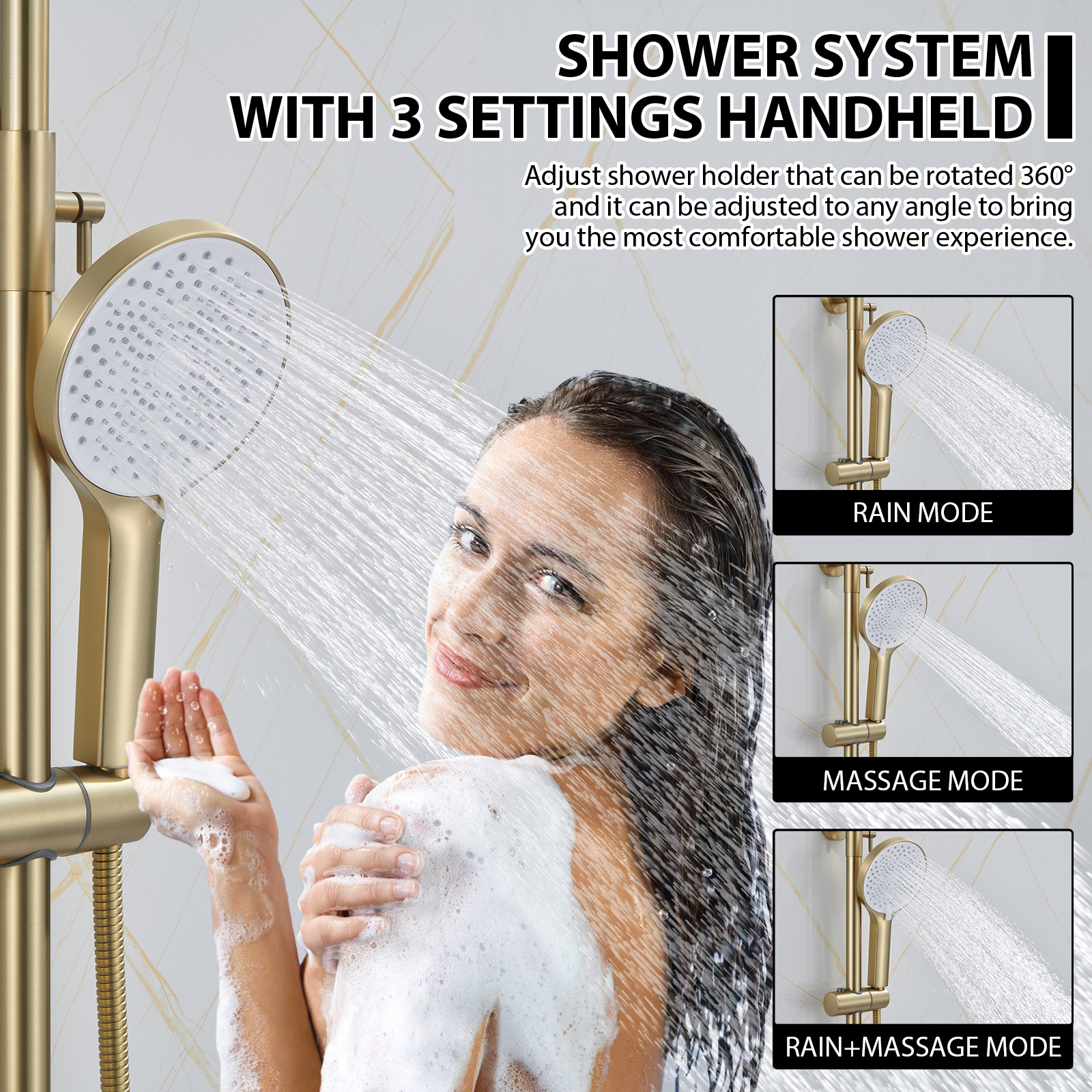 High Quality Hot Sale Manufacture Luxury Gold Brass Hotel Bath Rain Shower Set Rainfall Head Bathroom Mixer Faucet with 3 Outlet