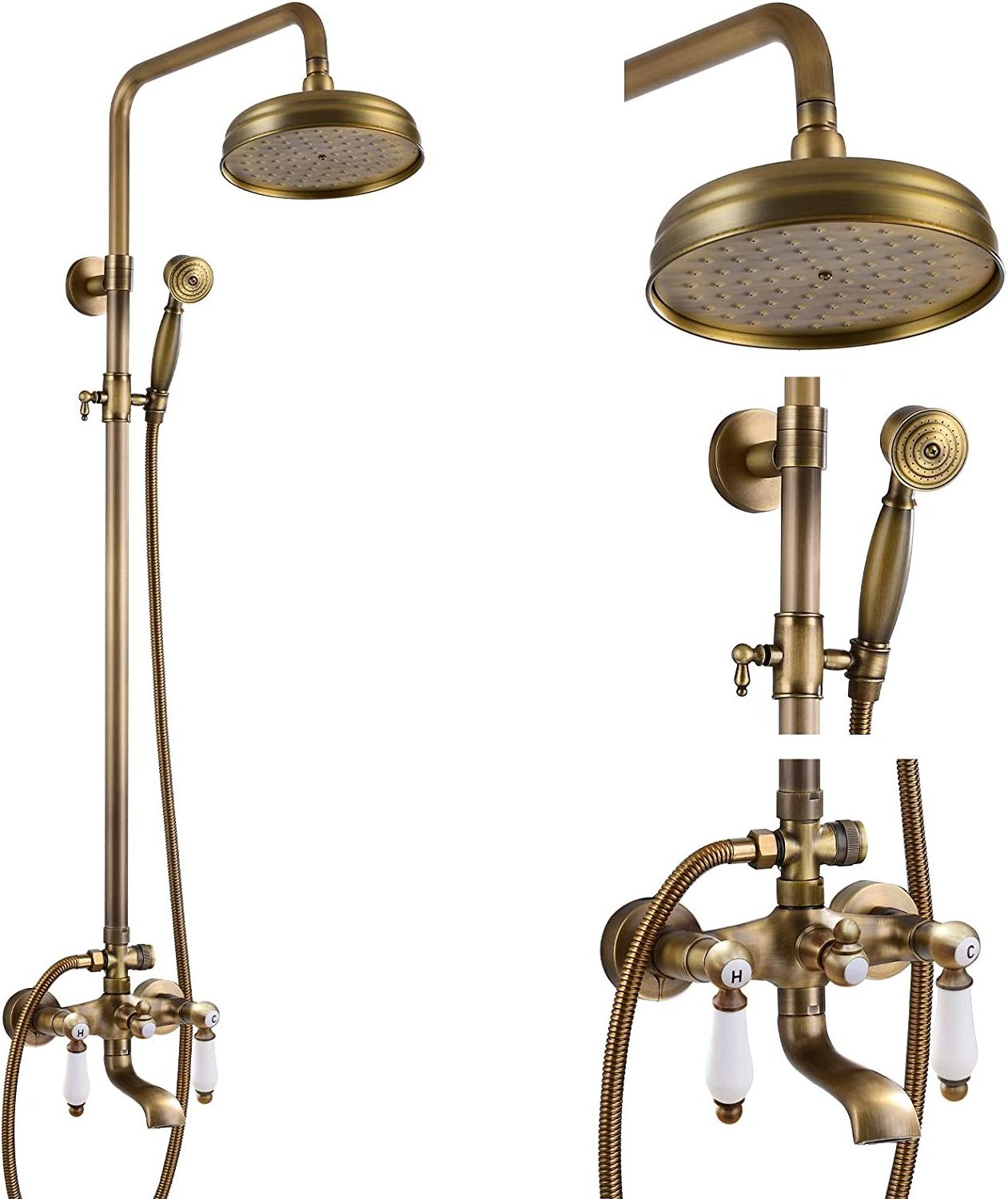 Antique Brass Rainfall Shower Head 3-Way Faucet Diverter Valve Wall Mount Brass Fixer Bracket Handshower Brass Shower Arm