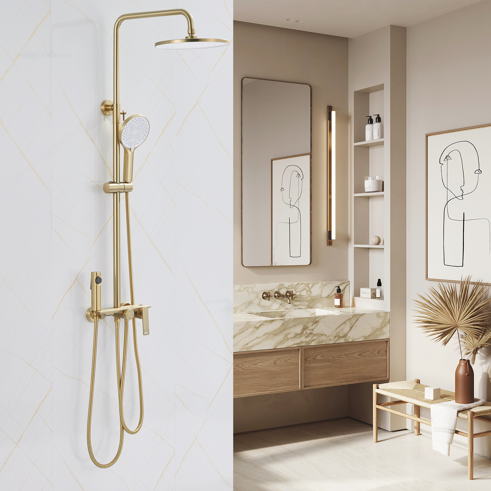 High Quality Hot Sale Manufacture Luxury Gold Brass Hotel Bath Rain Shower Set Rainfall Head Bathroom Mixer Faucet with 3 Outlet