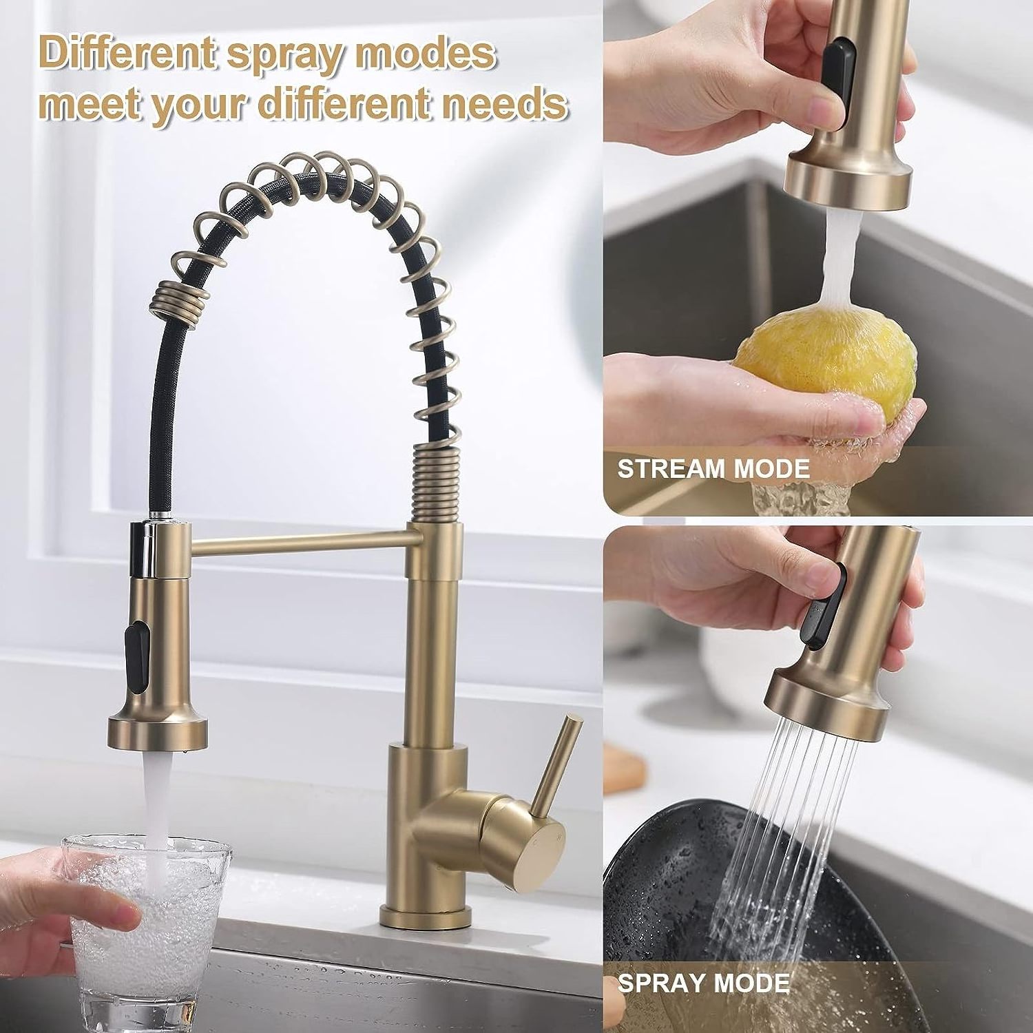 Luxury High Arc Pre-Rinse Kitchen Faucet Deck Mounted Pot Filler Brushed Gold black Pull Down Spring Spout sink Tap