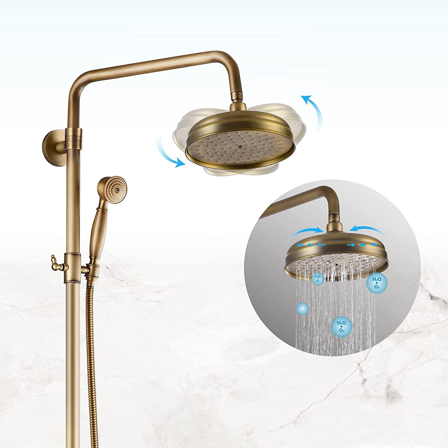 Antique Brass Rainfall Shower Head 3-Way Faucet Diverter Valve Wall Mount Brass Fixer Bracket Handshower Brass Shower Arm