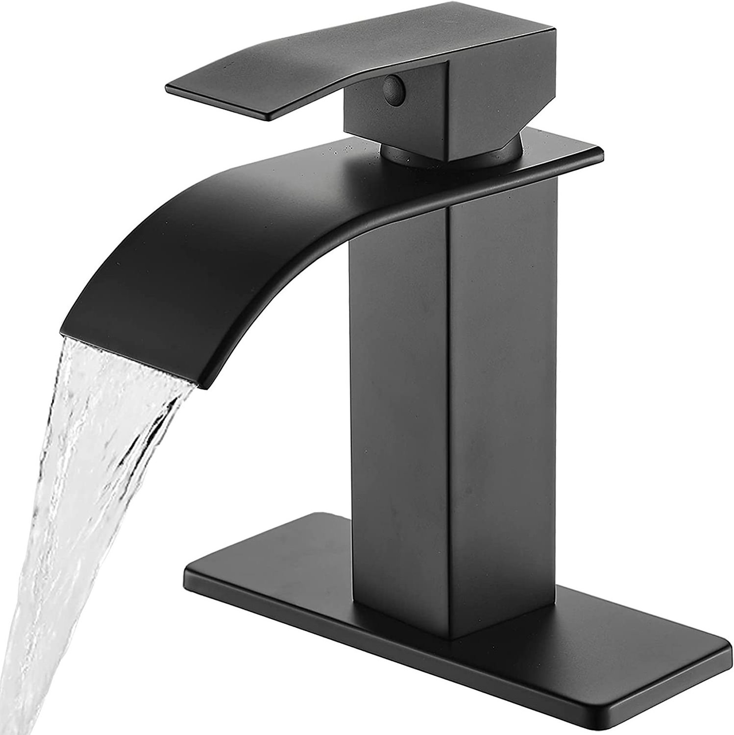 Matte Black Modern Waterfall Bathroom Sink Faucet with Single Handle Suitable for 1 or 3 Hole, Supply Deck Plate and Hose Faucet