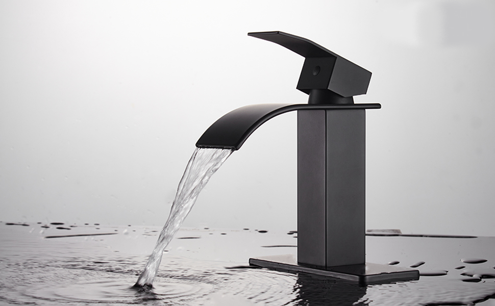 Matte Black Modern Waterfall Bathroom Sink Faucet with Single Handle Suitable for 1 or 3 Hole, Supply Deck Plate and Hose Faucet