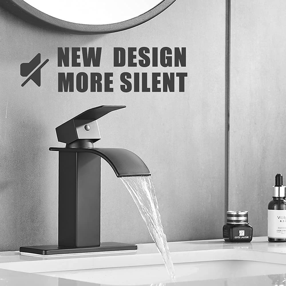 Matte Black Modern Waterfall Bathroom Sink Faucet with Single Handle Suitable for 1 or 3 Hole, Supply Deck Plate and Hose Faucet