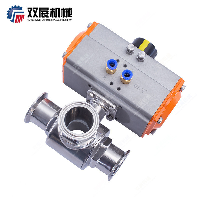 sanitary pneumatic tri clamp 3-Way ball valve T ports double acting actuated air driven on/off stainless steel diverting valve