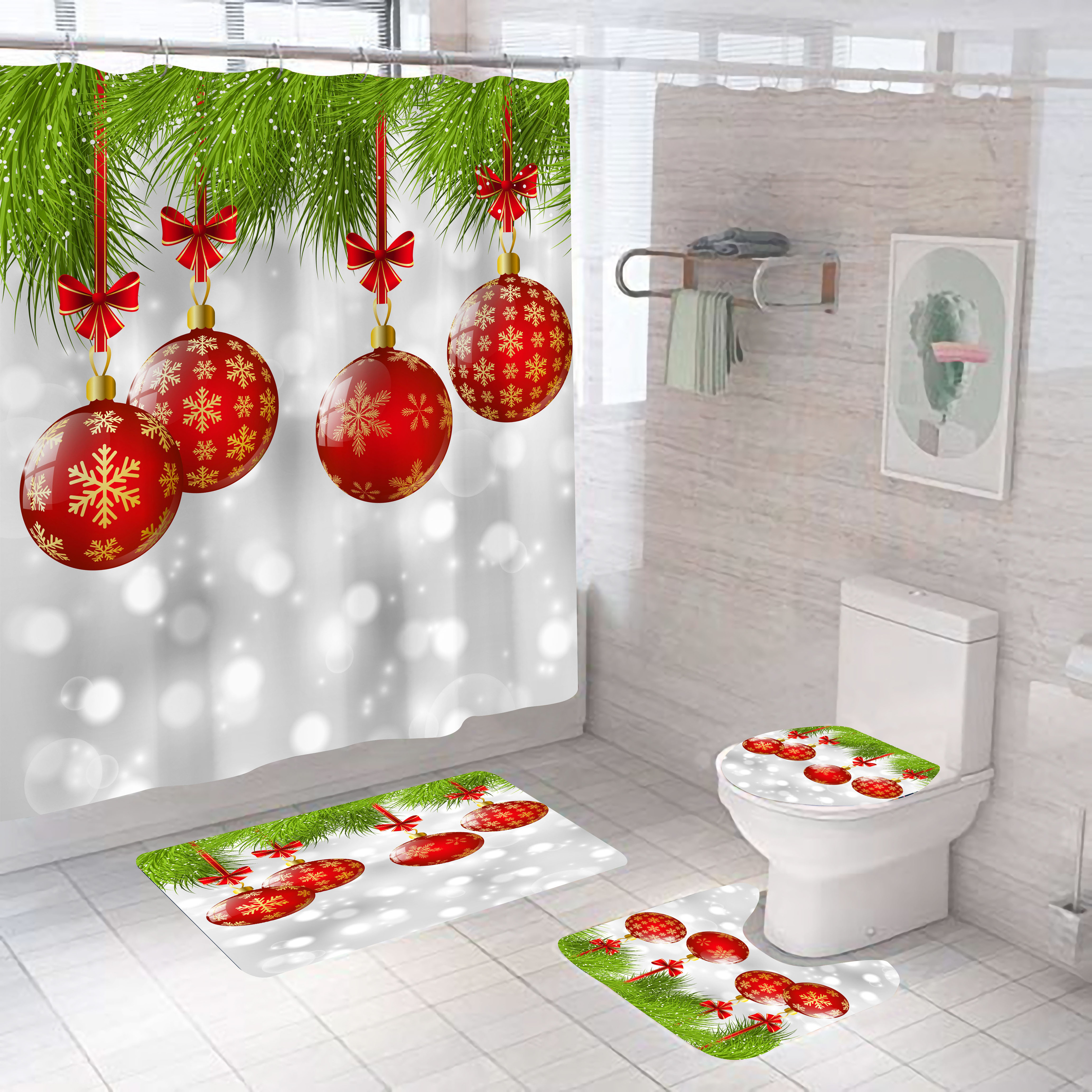 Luxury bath curtain set Christmas series waterproof 4 in1 Shower Curtain set