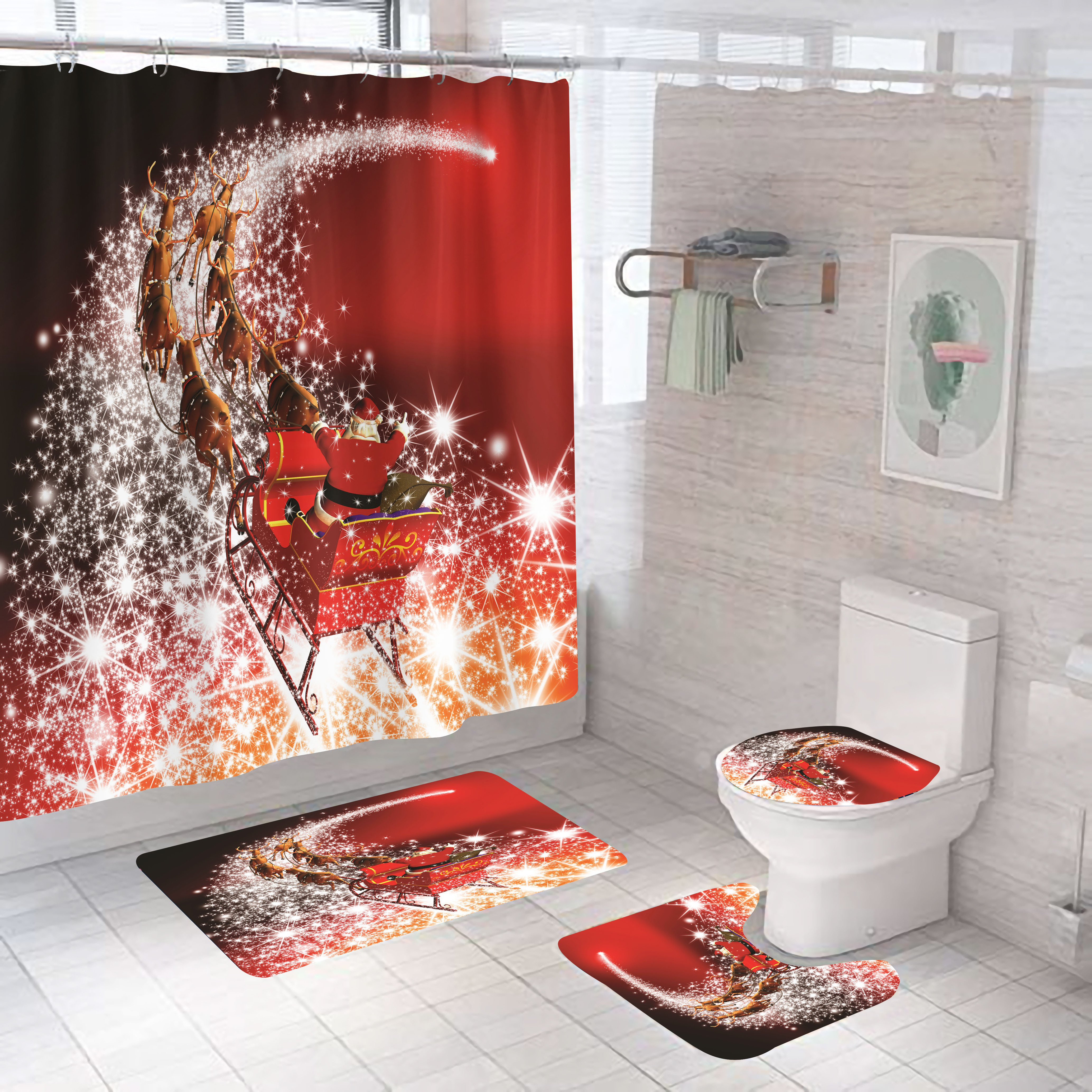 Luxury bath curtain set Christmas series waterproof 4 in1 Shower Curtain set