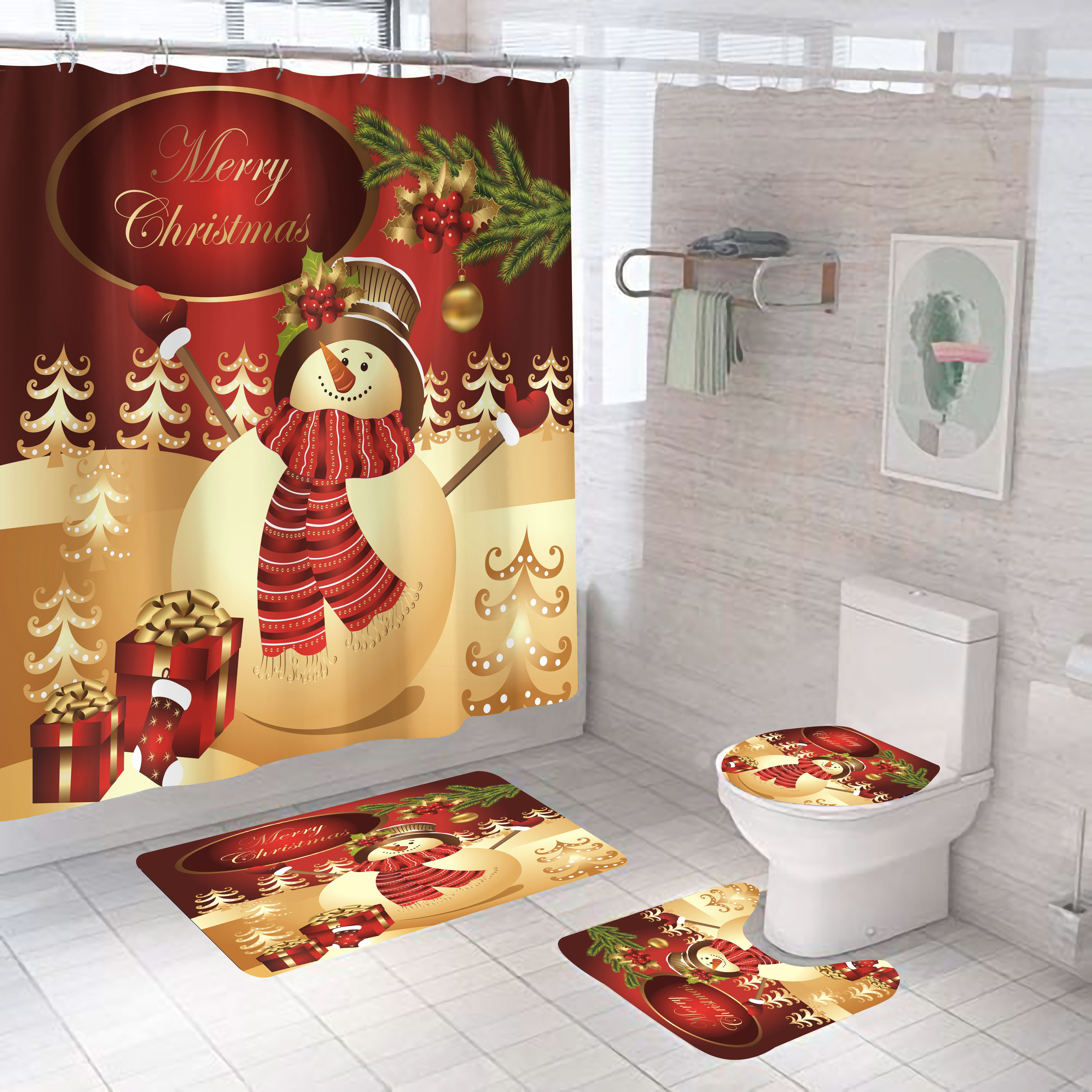 Luxury bath curtain set Christmas series waterproof 4 in1 Shower Curtain set