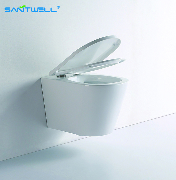 CE Standard Glossy White Bathroom Design WC Toilet Rimless Wall Hung Toilet