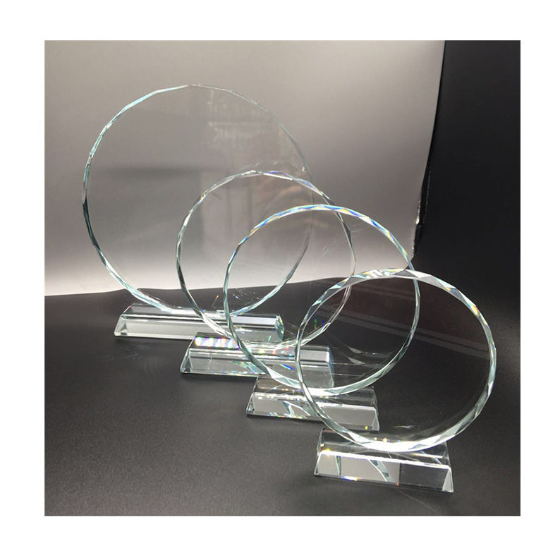 Round shape blank glass trophy award laser engraved logo available sublimation crystal glass trophy awards with stand