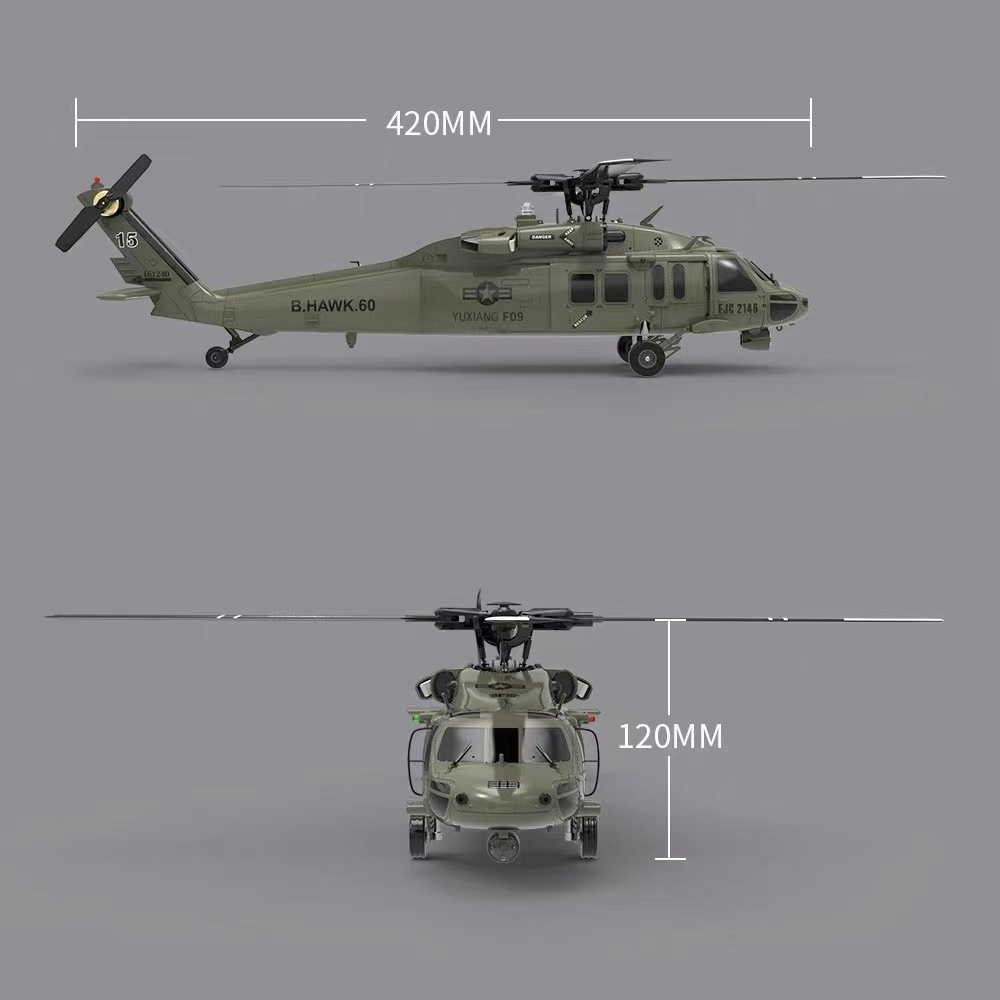 F09 UH60 Black Hawk 2.4G 6CH 3D6G System Dual Brushless Direct Drive Motor 1:47 Scale Flybarless RC Helicopter