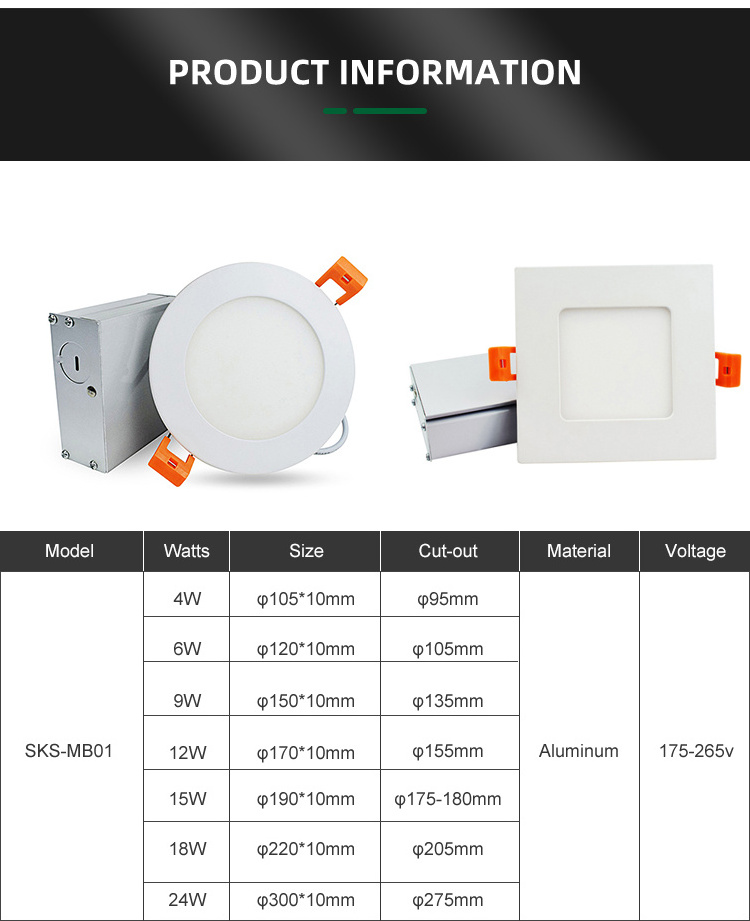 Round Square Slim High Brightness 9w 12w Dimmable 4Inch 6Inch Recessed Ceiling Lights with Junction Box Led Panel Light