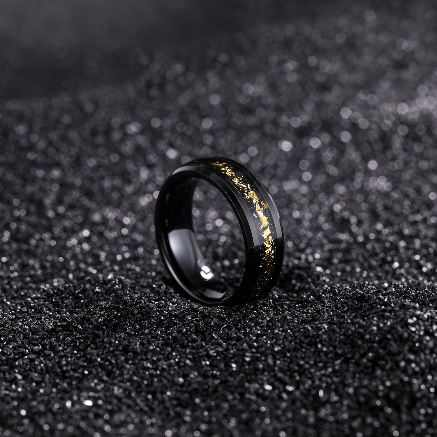 Sanlan Jewelry 8mm Real Meteorite Chip Gold Foil Inlay Black Tungsten Ring For Men Women Fashion Engagement Wedding Band