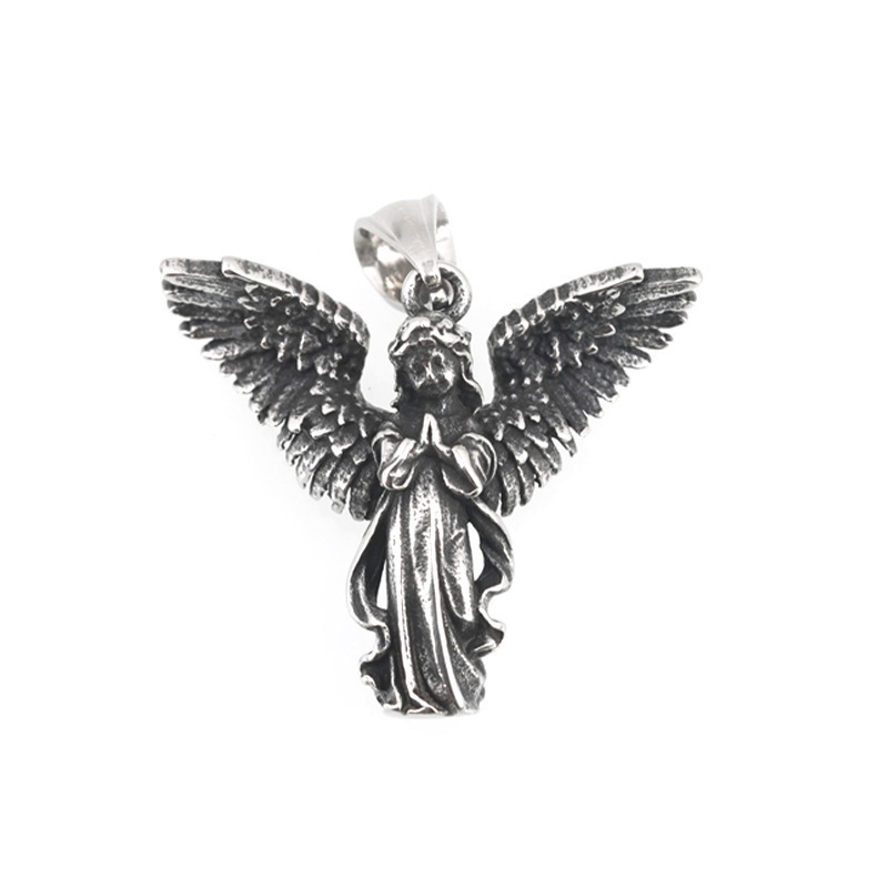 Vintage Stainless Steel Guardian Angel Serenity Prayer Pendant Necklace