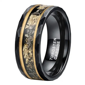 Sanlan Jewelry 8mm Real Meteorite Chip Gold Foil Inlay Black Tungsten Ring For Men Women Fashion Engagement Wedding Band