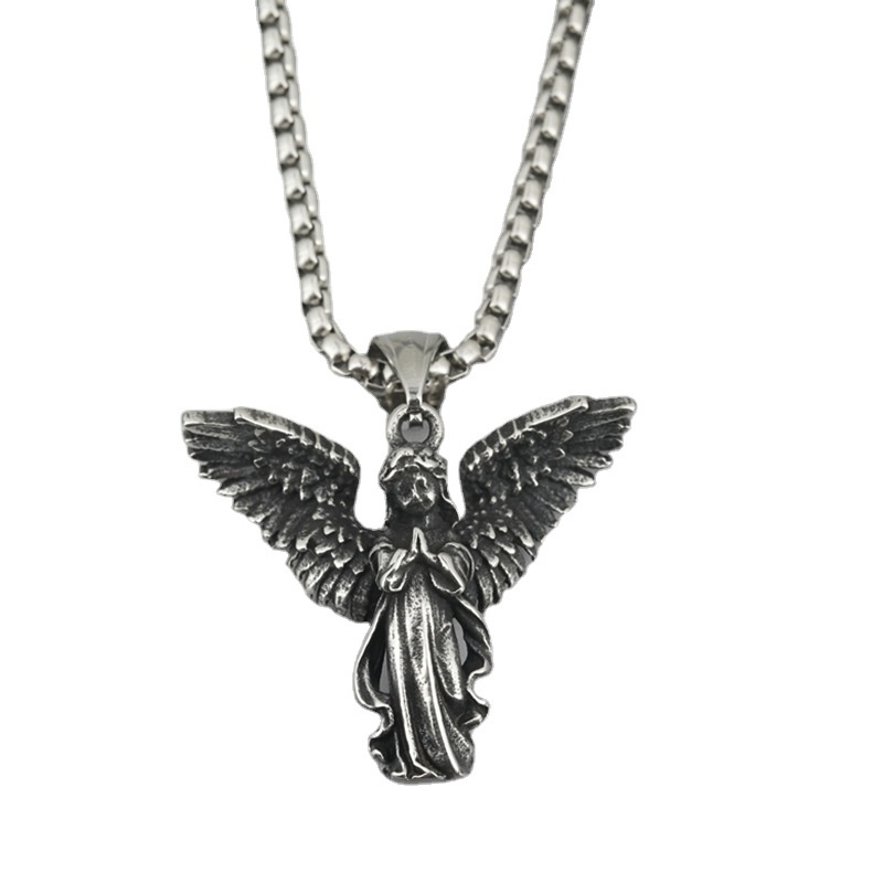 Vintage Stainless Steel Guardian Angel Serenity Prayer Pendant Necklace