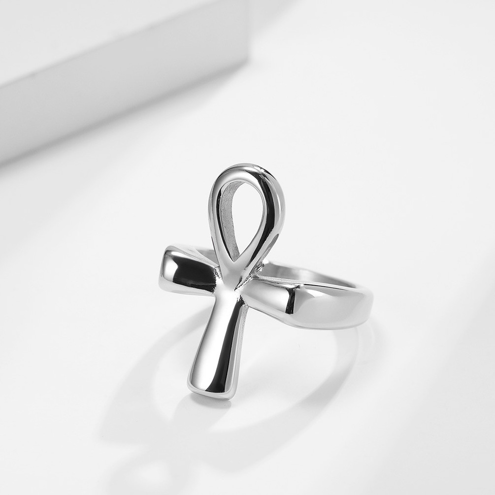 Fashion Stainless Steel Egyptian Jewelry Waterproof Rings 18k Gold Silver Plating Ankh Ring For Women Men Titanium Cross Ring