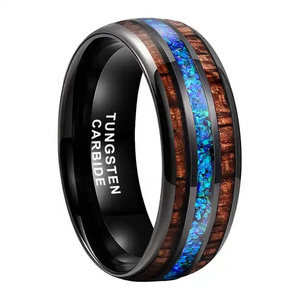 Sanlan Jewelry Wholesale 8mm Black Tungsten Ring Men Women Engagement Wedding Band Fashion Jewelry Blue Opal Koa Wood Inlay