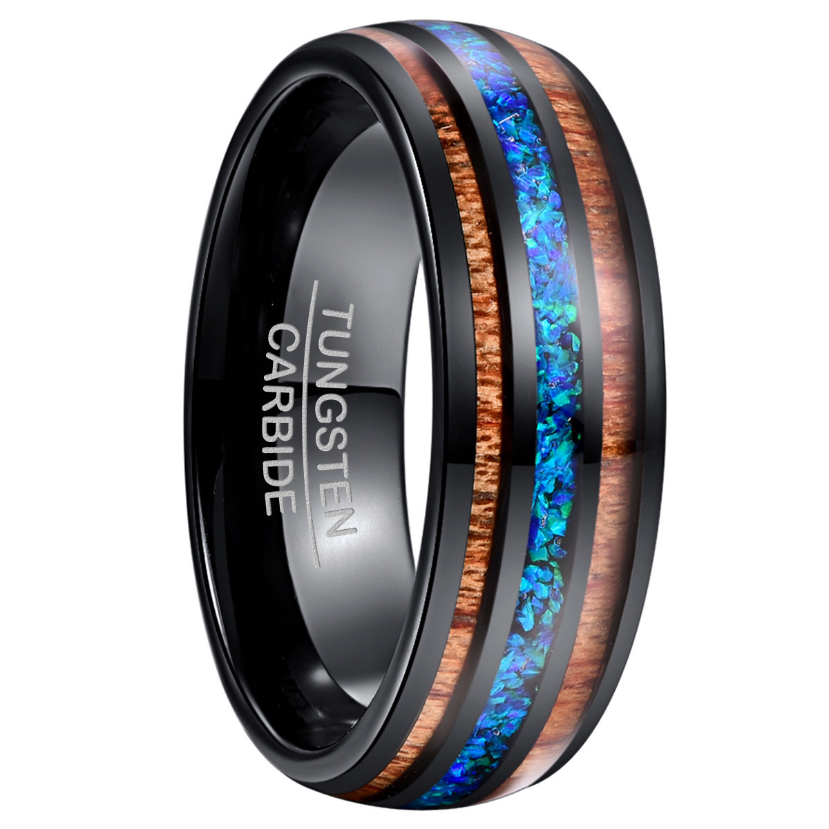 Sanlan Jewelry Wholesale 8mm Black Tungsten Ring Men Women Engagement Wedding Band Fashion Jewelry Blue Opal Koa Wood Inlay