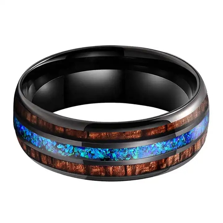 Sanlan Jewelry Wholesale 8mm Black Tungsten Ring Men Women Engagement Wedding Band Fashion Jewelry Blue Opal Koa Wood Inlay