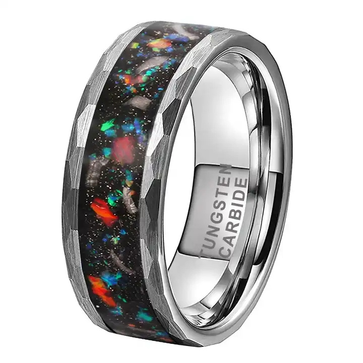 Sanlan Jewelry 8mm Hammered Tungsten Ring For Men Women Real Meteorite Galaxy Opal Inlay Fashion Engagement Wedding Band