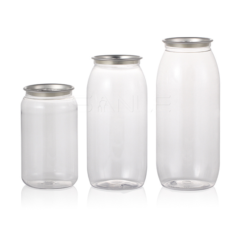 BSCI Factory Clear transparent PET plastic 250ml 330ml 500ml 650ml easy open cans for soft drink, juice, soda, beer coffee bottle packaging