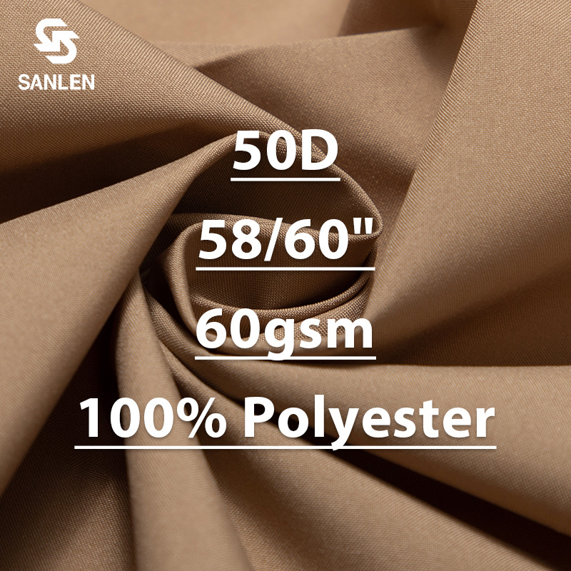 Soft Thin Elastic Material 50D Khaki Waterproof Stretched Polyester Woven 60gsm Fabric For Down Jackets Clothing