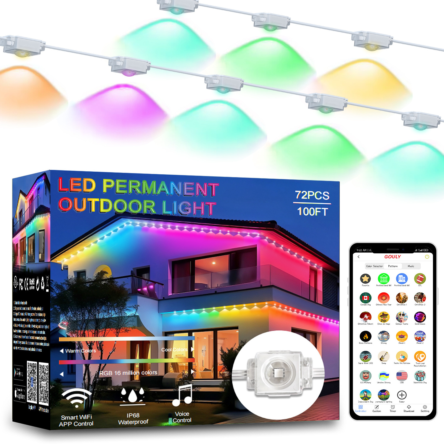 gouly permanent outdoor lights 100ft 36v with wifi app control rgb led smart christmas light controller