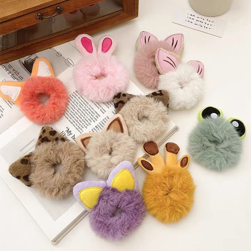 Jiamu Wholesale In Stock Cute Animal Ear Hair Scrunchies For Women Girls Rabbit Ear Plush Scrunchy Hair Band Sweet