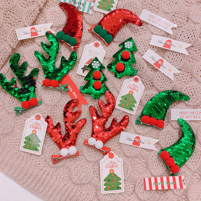 Jiamu Wholesale Children Girls Christmas Deer Antlers Hair Clips Set Korean Style Ins Glitter Christmas Tree Hair Clip 2Pcs/Set