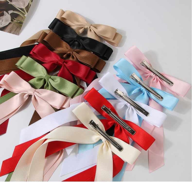 Jiamu Amazon Hot Selling Double Bow Hair Clips With Long Tails Solid Color Sweet Ribbon Bow Duck Bill Hair Bow Clips