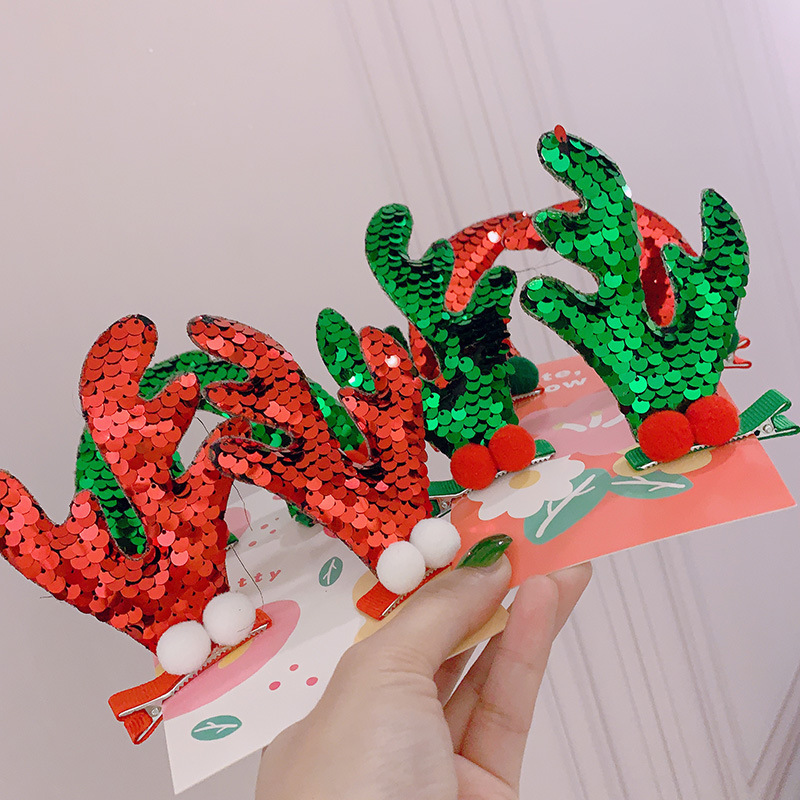 Jiamu Wholesale Children Girls Christmas Deer Antlers Hair Clips Set Korean Style Ins Glitter Christmas Tree Hair Clip 2Pcs/Set