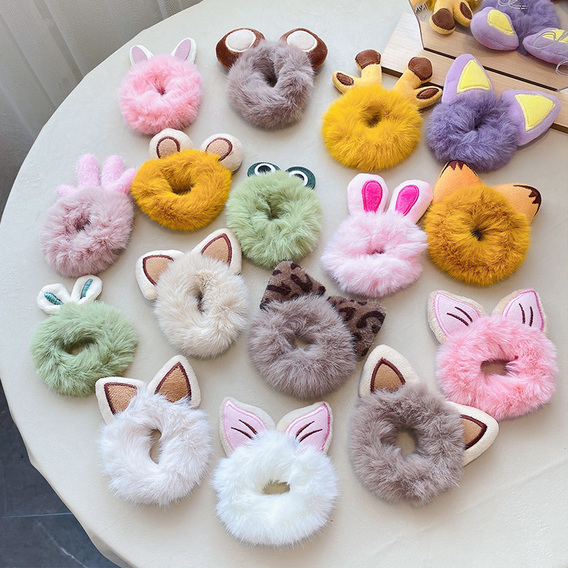 Jiamu Wholesale In Stock Cute Animal Ear Hair Scrunchies For Women Girls Rabbit Ear Plush Scrunchy Hair Band Sweet