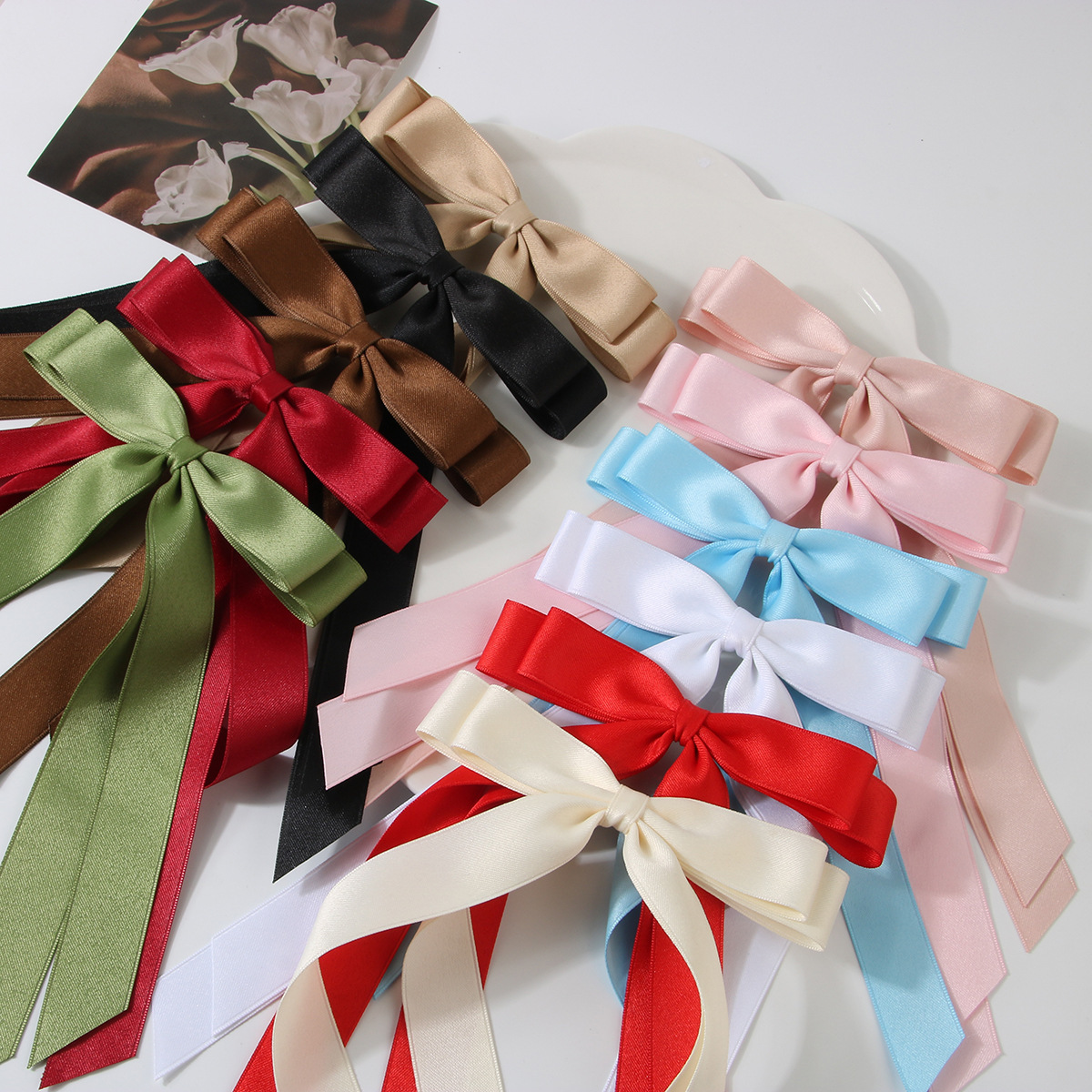 Jiamu Amazon Hot Selling Double Bow Hair Clips With Long Tails Solid Color Sweet Ribbon Bow Duck Bill Hair Bow Clips