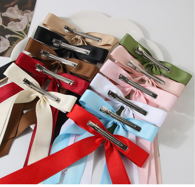 Jiamu Amazon Hot Selling Double Bow Hair Clips With Long Tails Solid Color Sweet Ribbon Bow Duck Bill Hair Bow Clips