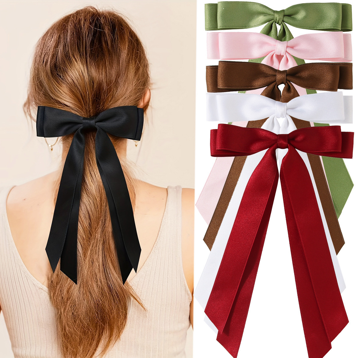 Jiamu Amazon Hot Selling Double Bow Hair Clips With Long Tails Solid Color Sweet Ribbon Bow Duck Bill Hair Bow Clips