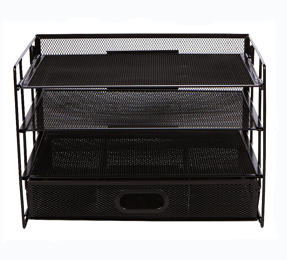 Desktop File Organizer Mesh Hanging File Holder with Drawer 4 Trays and 2 Pen Holders Desk Organizer