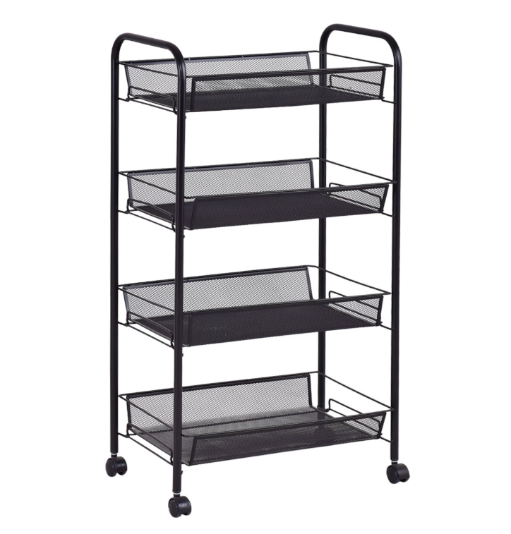 4 Tier Metal Storage Shelves with Wheels Roller Cart Wire Storage Baskets Office Rolling Cart Organizer