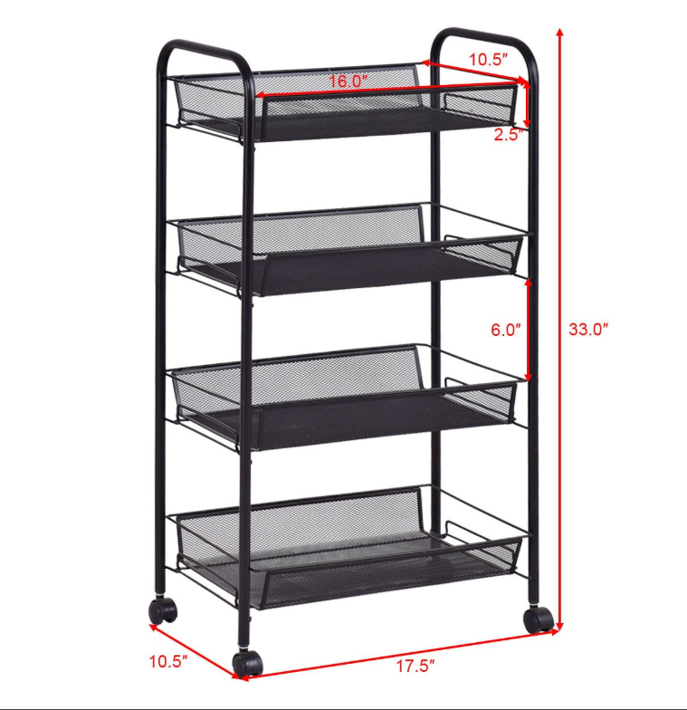 4 Tier Metal Storage Shelves with Wheels Roller Cart Wire Storage Baskets Office Rolling Cart Organizer