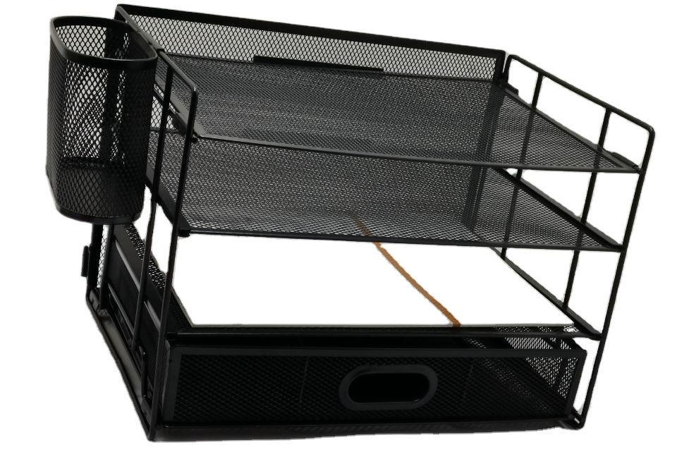 Desktop File Organizer Mesh Hanging File Holder with Drawer 4 Trays and 2 Pen Holders Desk Organizer