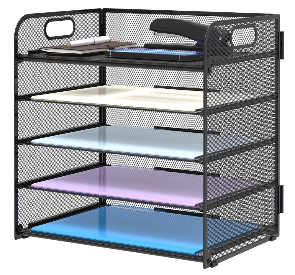 Metal Mesh Paper Organizer Letter Tray 5 Tier File Organizer with Handle Paper Sorter Desk Organizer for Home Office Supplies