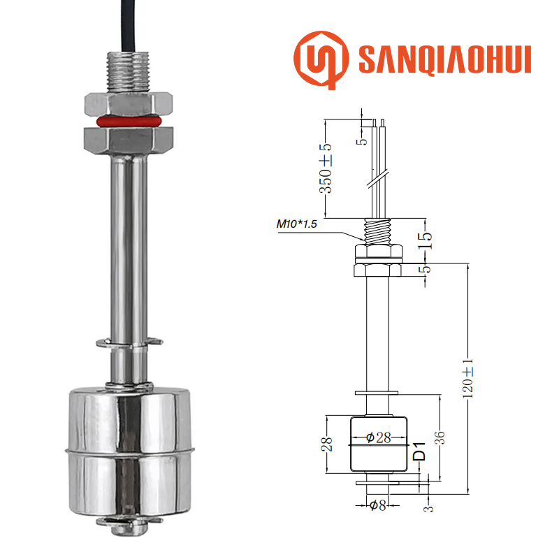 SQH107 45mm Stainless Steel Float Level Switch 220v Liquid Level Sensor Switch Single Float Ball On Off Vertical Float Switch